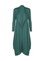 The MONTHLY COLORS : OCTOBER by PLEATS PLEASE ISSEY MIYAKE is a long-sleeve, teal pleated cardigan with vertical stripes, a waterfall front, asymmetrical draping, and an elongated hem. - BLUE GREEN （no.64）