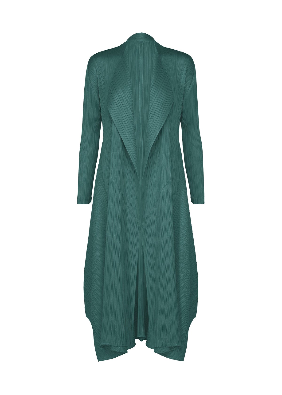 Zoomed view The MONTHLY COLORS : OCTOBER by PLEATS PLEASE ISSEY MIYAKE is a long-sleeve, teal pleated cardigan with vertical stripes, a waterfall front, asymmetrical draping, and an elongated hem. - BLUE GREEN （no.64）