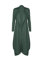 The MONTHLY COLORS : OCTOBER by PLEATS PLEASE ISSEY MIYAKE is a long-sleeved, dark green pleated coat featuring an open front, high collar, asymmetrical hem, and textured crinkled fabric for a draped look. - DARK GREEN （no.69）