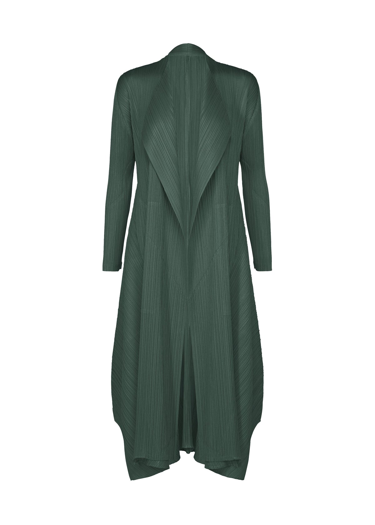 Zoomed view The MONTHLY COLORS : OCTOBER by PLEATS PLEASE ISSEY MIYAKE is a long-sleeved, dark green pleated coat featuring an open front, high collar, asymmetrical hem, and textured crinkled fabric for a draped look. - DARK GREEN （no.69）