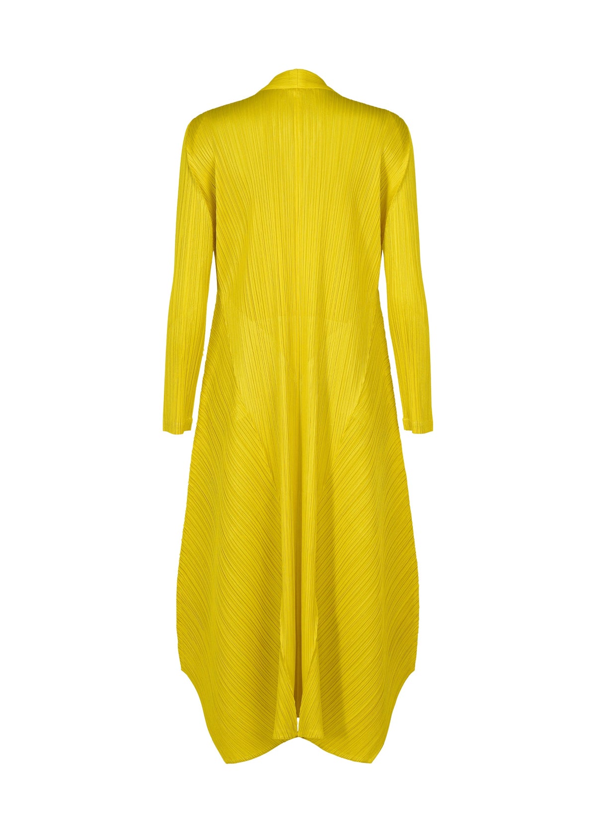 The MONTHLY COLORS : OCTOBER dress by PLEATS PLEASE ISSEY MIYAKE—a long-sleeved, bright yellow pleated style with an asymmetrical hem—is shown from the back with outerwear against a white background. view 6 of 11