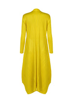 The MONTHLY COLORS : OCTOBER dress by PLEATS PLEASE ISSEY MIYAKE—a long-sleeved, bright yellow pleated style with an asymmetrical hem—is shown from the back with outerwear against a white background.
