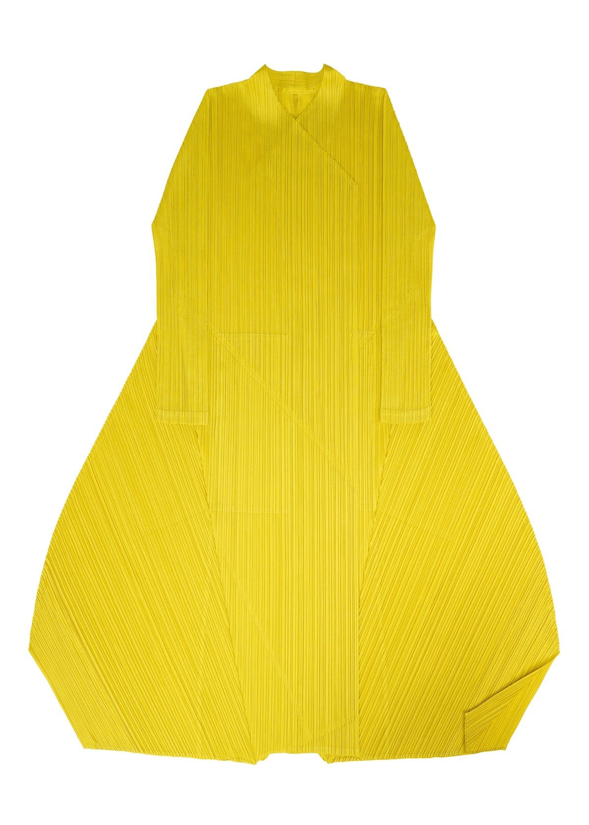 The MONTHLY COLORS : OCTOBER by PLEATS PLEASE ISSEY MIYAKE is a bold yellow coat with wide, structured shoulders and flared sides—perfect for standout seasonal outerwear. view 7 of 11