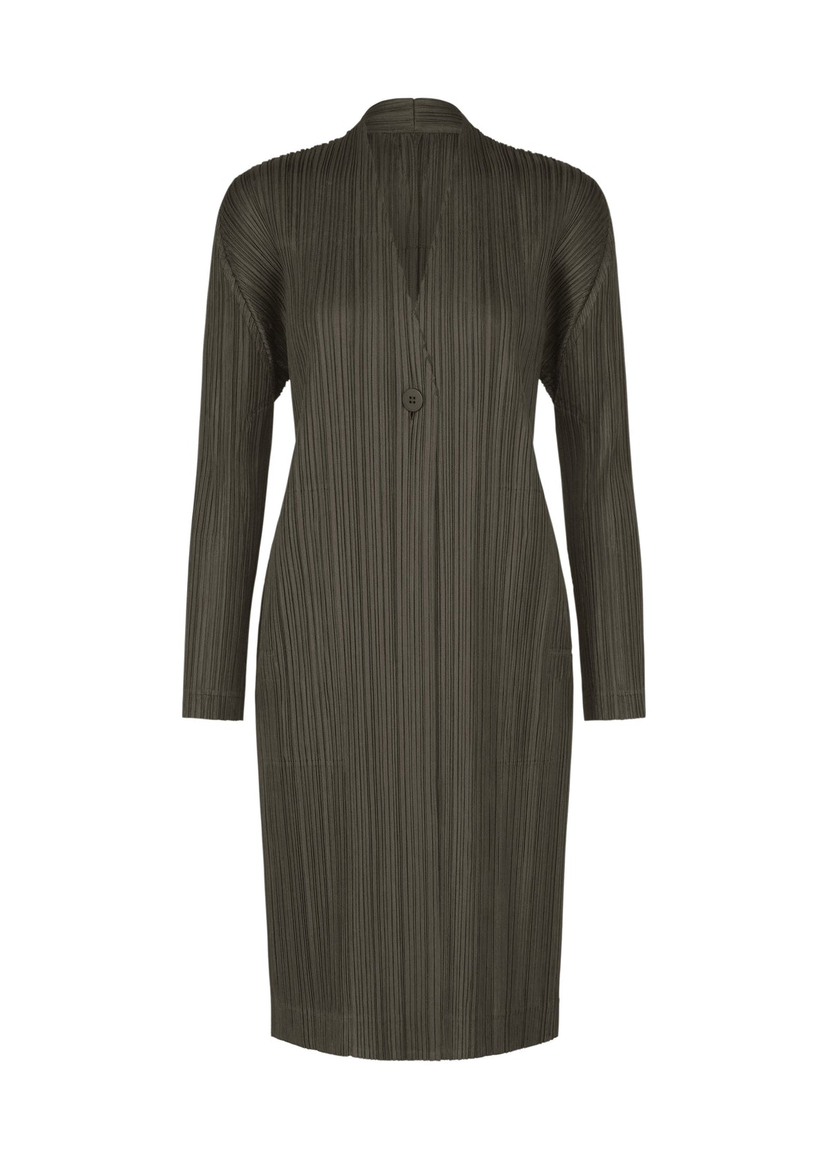 The PLEATS JACKET by PLEATS PLEASE ISSEY MIYAKE is crafted from finely pleated fabric in a dark olive green hue. This knee-length piece features long sleeves and a v-shaped neckline, with vertical lines lending it a textured appearance. Discreet pockets offer both functionality and style, making this elegant jacket stand out against the plain white background. view 1 of 7