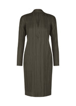 The PLEATS JACKET by PLEATS PLEASE ISSEY MIYAKE is crafted from finely pleated fabric in a dark olive green hue. This knee-length piece features long sleeves and a v-shaped neckline, with vertical lines lending it a textured appearance. Discreet pockets offer both functionality and style, making this elegant jacket stand out against the plain white background. - CHARCOAL （no.17）