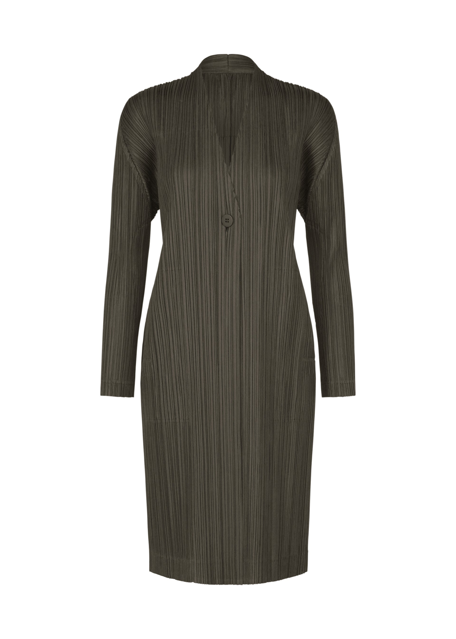 Zoomed view The PLEATS JACKET by PLEATS PLEASE ISSEY MIYAKE is crafted from finely pleated fabric in a dark olive green hue. This knee-length piece features long sleeves and a v-shaped neckline, with vertical lines lending it a textured appearance. Discreet pockets offer both functionality and style, making this elegant jacket stand out against the plain white background. - CHARCOAL （no.17）