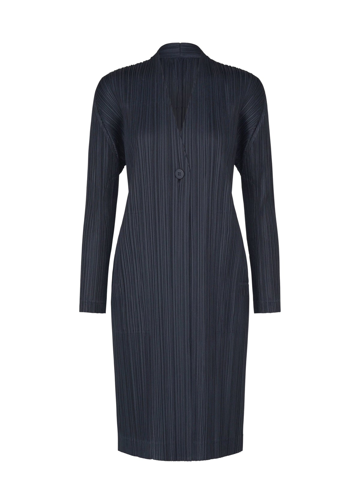 Introducing the PLEATS JACKET from PLEATS PLEASE ISSEY MIYAKE: a long-sleeved, knee-length black jacket crafted from distinctive pleated fabric. Showcasing vertical pleats and a refined V-neckline fastened by a single button, this collarless silhouette is inspired by classic long jackets and thoughtfully designed with convenient pockets—blending elegance with everyday practicality. view 2 of 7