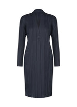 Introducing the PLEATS JACKET from PLEATS PLEASE ISSEY MIYAKE: a long-sleeved, knee-length black jacket crafted from distinctive pleated fabric. Showcasing vertical pleats and a refined V-neckline fastened by a single button, this collarless silhouette is inspired by classic long jackets and thoughtfully designed with convenient pockets—blending elegance with everyday practicality. - NAVY （no.75）