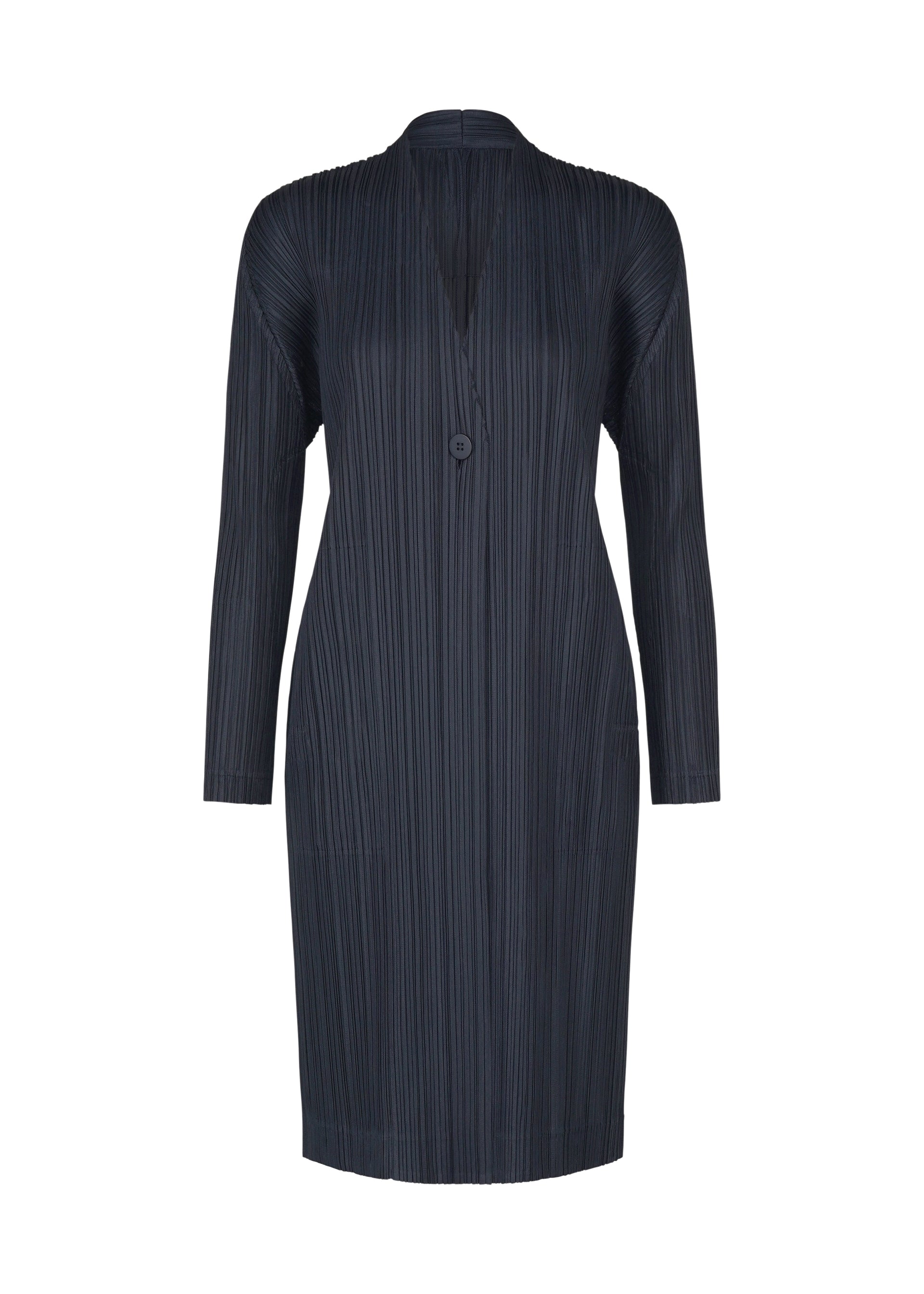 Zoomed view Introducing the PLEATS JACKET from PLEATS PLEASE ISSEY MIYAKE: a long-sleeved, knee-length black jacket crafted from distinctive pleated fabric. Showcasing vertical pleats and a refined V-neckline fastened by a single button, this collarless silhouette is inspired by classic long jackets and thoughtfully designed with convenient pockets—blending elegance with everyday practicality. - NAVY （no.75）