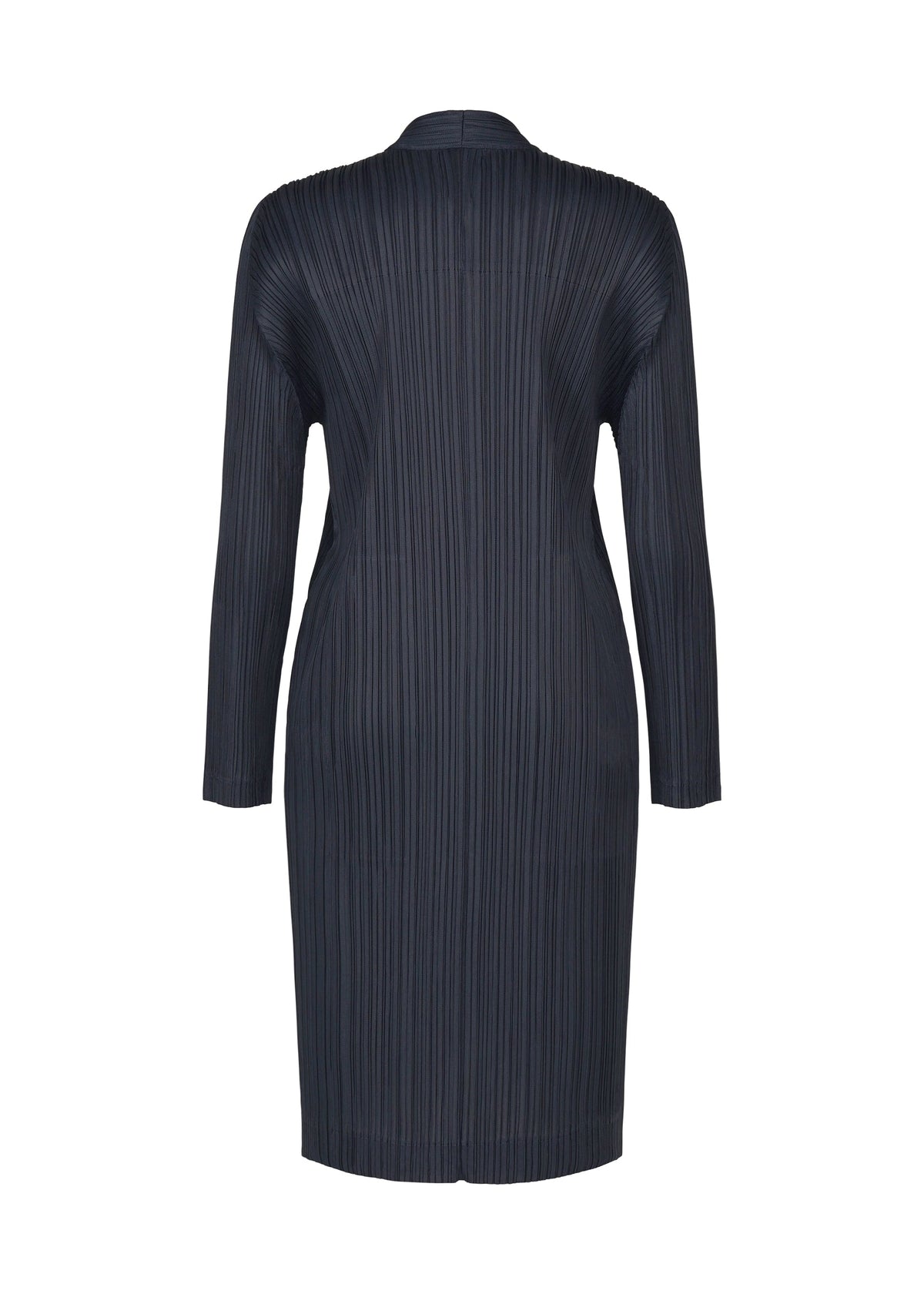 Back view of the PLEATS PLEASE ISSEY MIYAKE PLEATS JACKET, a knee-length, long-sleeve piece in dark navy, crafted from pleated fabric with a straight silhouette. This collarless, long jacket-inspired design features subtle pockets for added functionality. view 3 of 7