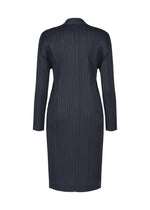 Back view of the PLEATS PLEASE ISSEY MIYAKE PLEATS JACKET, a knee-length, long-sleeve piece in dark navy, crafted from pleated fabric with a straight silhouette. This collarless, long jacket-inspired design features subtle pockets for added functionality.