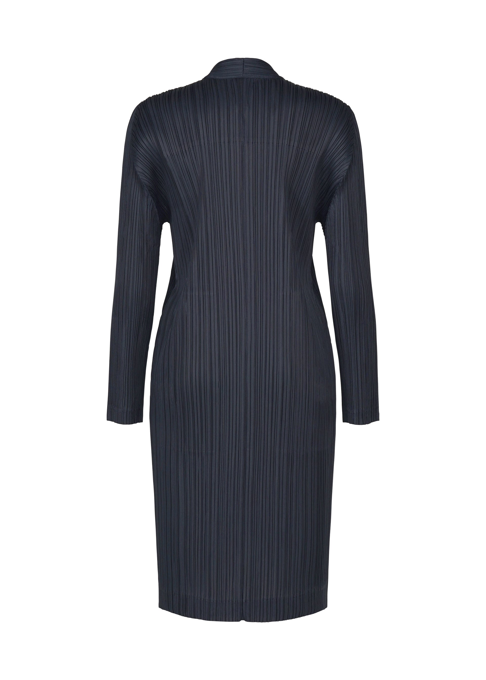 Zoomed view Back view of the PLEATS PLEASE ISSEY MIYAKE PLEATS JACKET, a knee-length, long-sleeve piece in dark navy, crafted from pleated fabric with a straight silhouette. This collarless, long jacket-inspired design features subtle pockets for added functionality.
