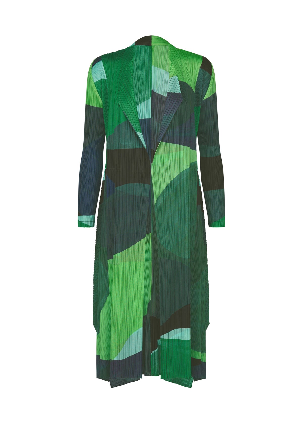Zoomed view ORBIT by PLEATS PLEASE ISSEY MIYAKE: A long-sleeve, knee-length coat with a pleated texture and abstract green and black geometric pattern, shown on a white background. - GREEN （no.62）