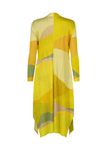 ORBIT by PLEATS PLEASE ISSEY MIYAKE: A long-sleeved, knee-length pleated dress with an abstract pattern in yellow, green, white, and orange. Features an asymmetrical hemline and vertical pleats. Shown on a plain white background.