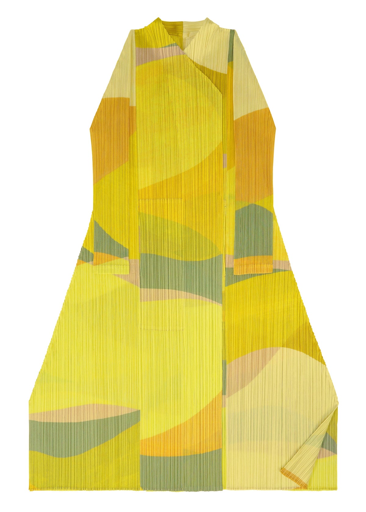 Zoomed view The ORBIT by PLEATS PLEASE ISSEY MIYAKE is a yellow kimono with abstract green, orange, and beige shapes on pleated fabric. Curved sheer patterns create a modern look. One bottom corner is slightly folded.