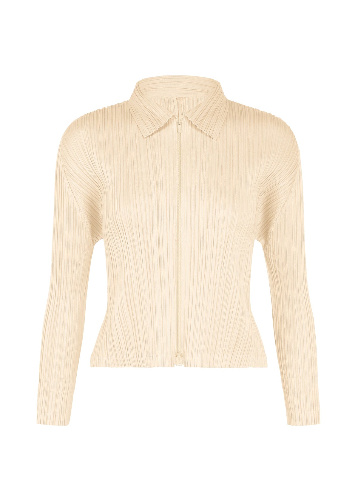 A beige, long-sleeved, pleated blouse from the MONTHLY COLORS : AUGUST collection by PLEATS PLEASE ISSEY MIYAKE, featuring a collared, button-down front and showcased on a white background—an elegant option for midsummer days when you prefer something light over bold colors or structured zippered cardigans. view 1 of 11