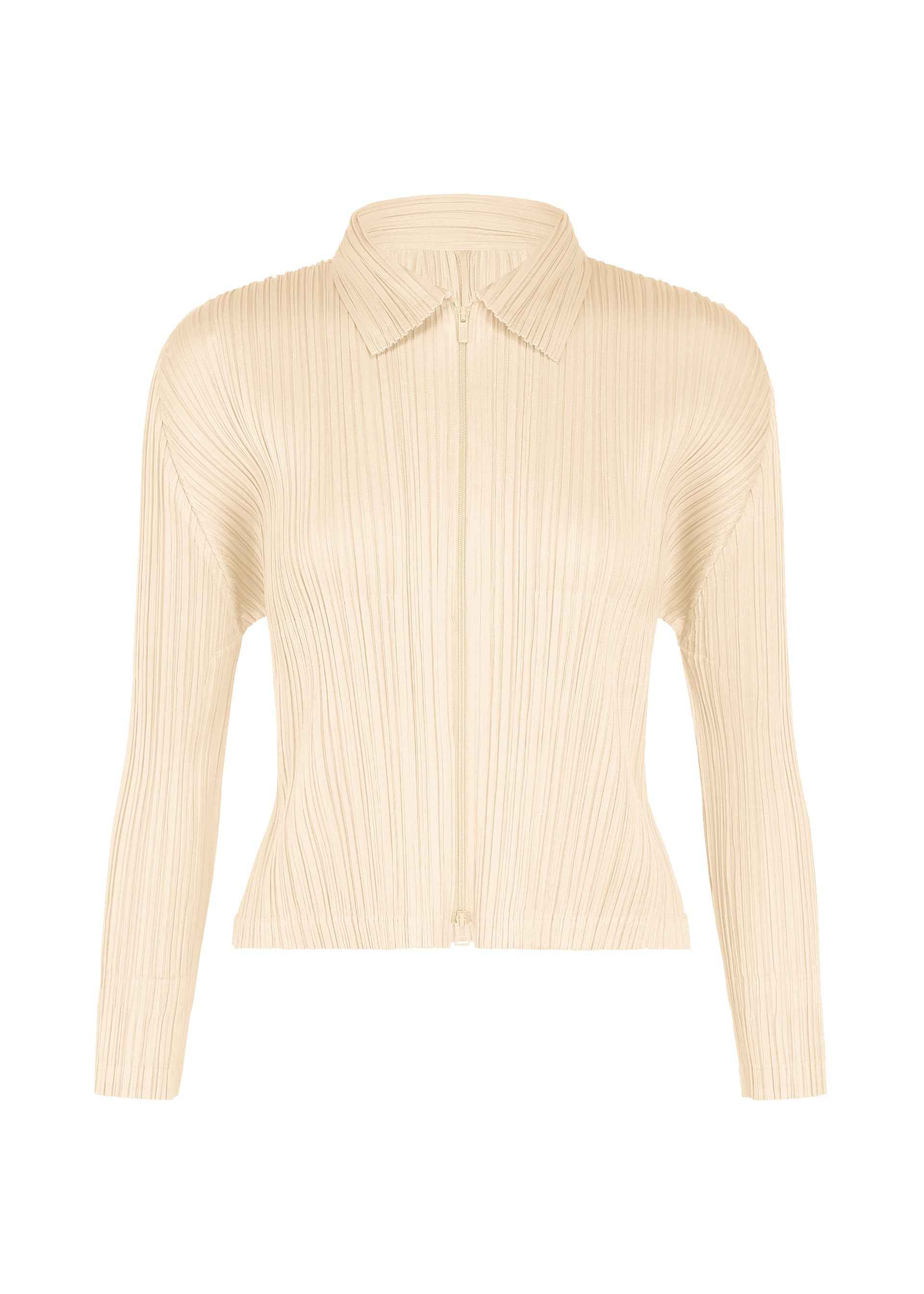 Zoomed view A beige, long-sleeved, pleated blouse from the MONTHLY COLORS : AUGUST collection by PLEATS PLEASE ISSEY MIYAKE, featuring a collared, button-down front and showcased on a white background—an elegant option for midsummer days when you prefer something light over bold colors or structured zippered cardigans. - OFF WHITE （no.02）