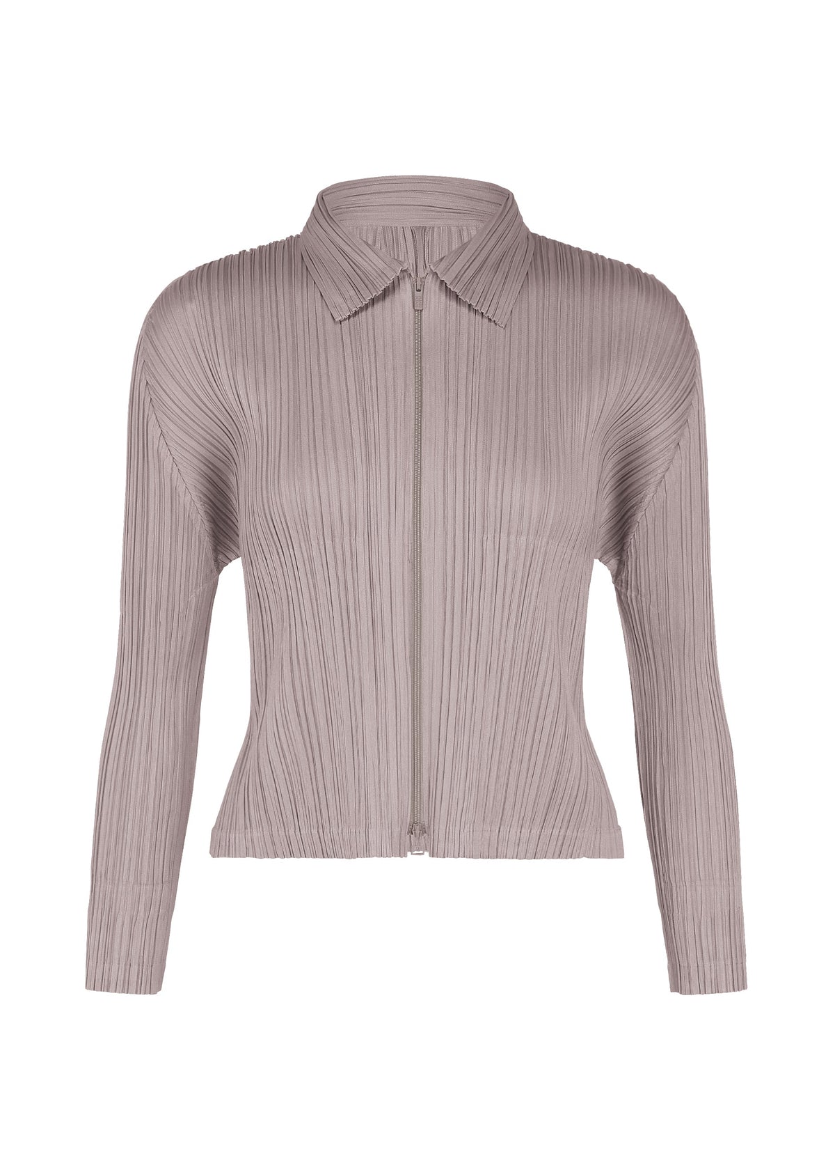 The MONTHLY COLORS : AUGUST blouse by PLEATS PLEASE ISSEY MIYAKE features light taupe pleats, long sleeves, a pointed collar, and a front zipper closure—displayed on a white background. This versatile piece is ideal for midsummer styling and pairs seamlessly with bold colors for a modern, refreshing look. view 2 of 11