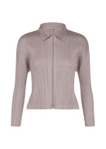 The MONTHLY COLORS : AUGUST blouse by PLEATS PLEASE ISSEY MIYAKE features light taupe pleats, long sleeves, a pointed collar, and a front zipper closure—displayed on a white background. This versatile piece is ideal for midsummer styling and pairs seamlessly with bold colors for a modern, refreshing look. - GRAYISH PURPLE （no.14）