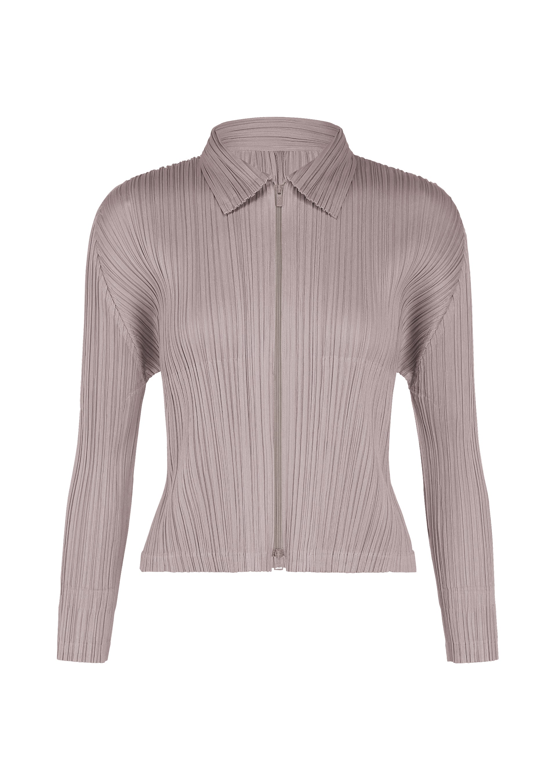 Zoomed view The MONTHLY COLORS : AUGUST blouse by PLEATS PLEASE ISSEY MIYAKE features light taupe pleats, long sleeves, a pointed collar, and a front zipper closure—displayed on a white background. This versatile piece is ideal for midsummer styling and pairs seamlessly with bold colors for a modern, refreshing look. - GRAYISH PURPLE （no.14）