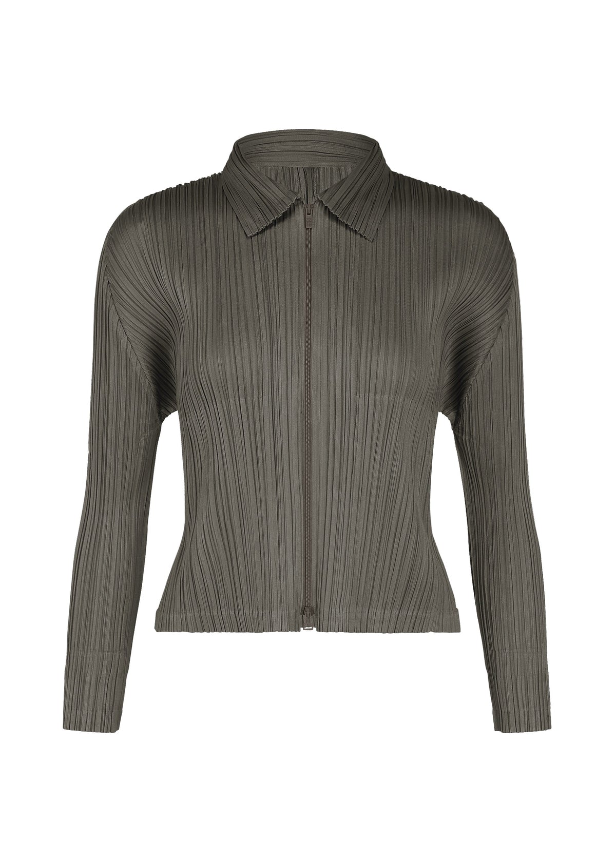 The MONTHLY COLORS : AUGUST jacket by PLEATS PLEASE ISSEY MIYAKE is a long-sleeve, collared, zip-up piece in olive green, featuring a pleated, textured fabric design that adds sharp color to your midsummer wardrobe. It is displayed on a plain white background. view 3 of 11