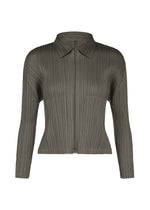 The MONTHLY COLORS : AUGUST jacket by PLEATS PLEASE ISSEY MIYAKE is a long-sleeve, collared, zip-up piece in olive green, featuring a pleated, textured fabric design that adds sharp color to your midsummer wardrobe. It is displayed on a plain white background. - CHARCOAL （no.17）