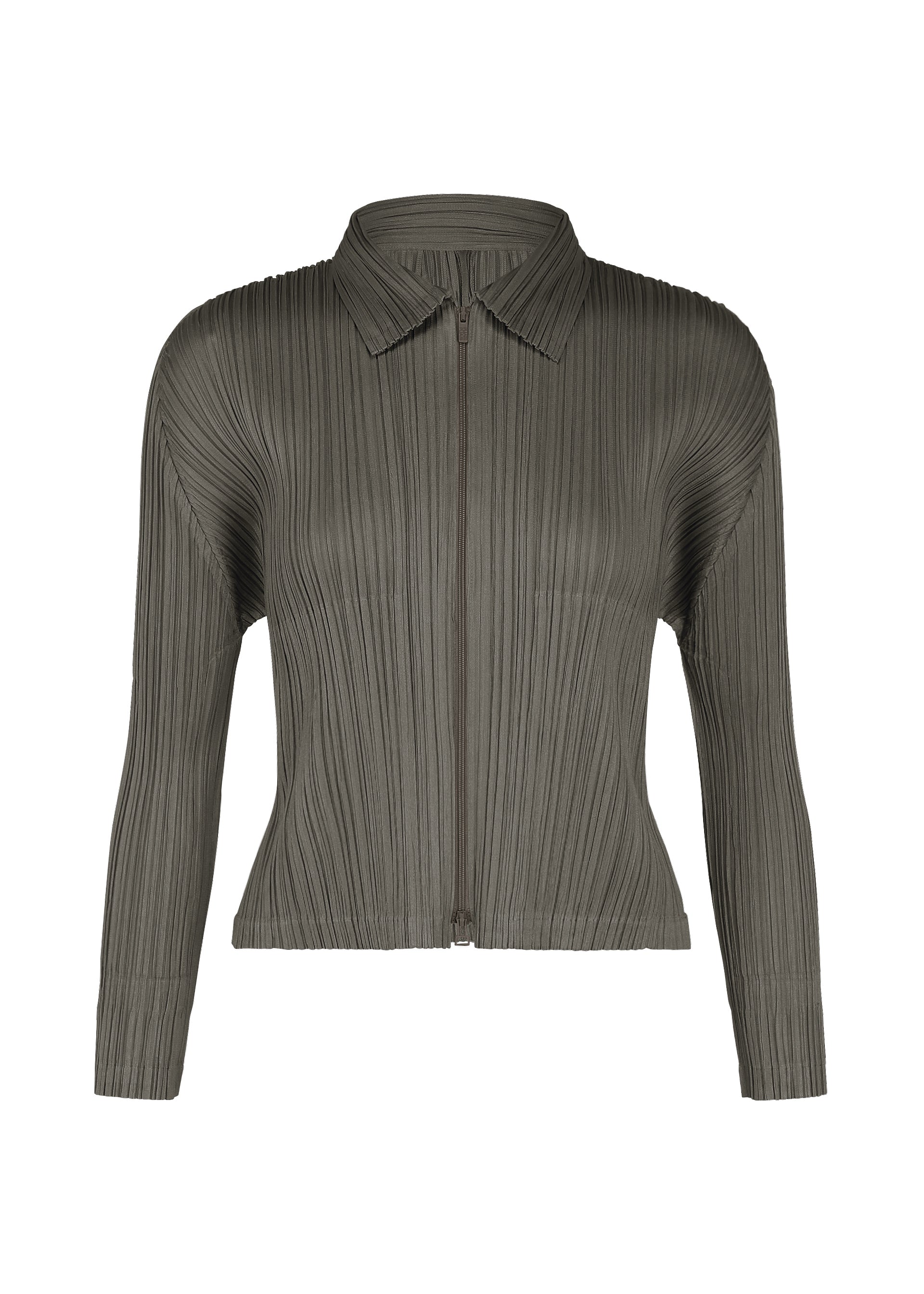 Zoomed view The MONTHLY COLORS : AUGUST jacket by PLEATS PLEASE ISSEY MIYAKE is a long-sleeve, collared, zip-up piece in olive green, featuring a pleated, textured fabric design that adds sharp color to your midsummer wardrobe. It is displayed on a plain white background. - CHARCOAL （no.17）