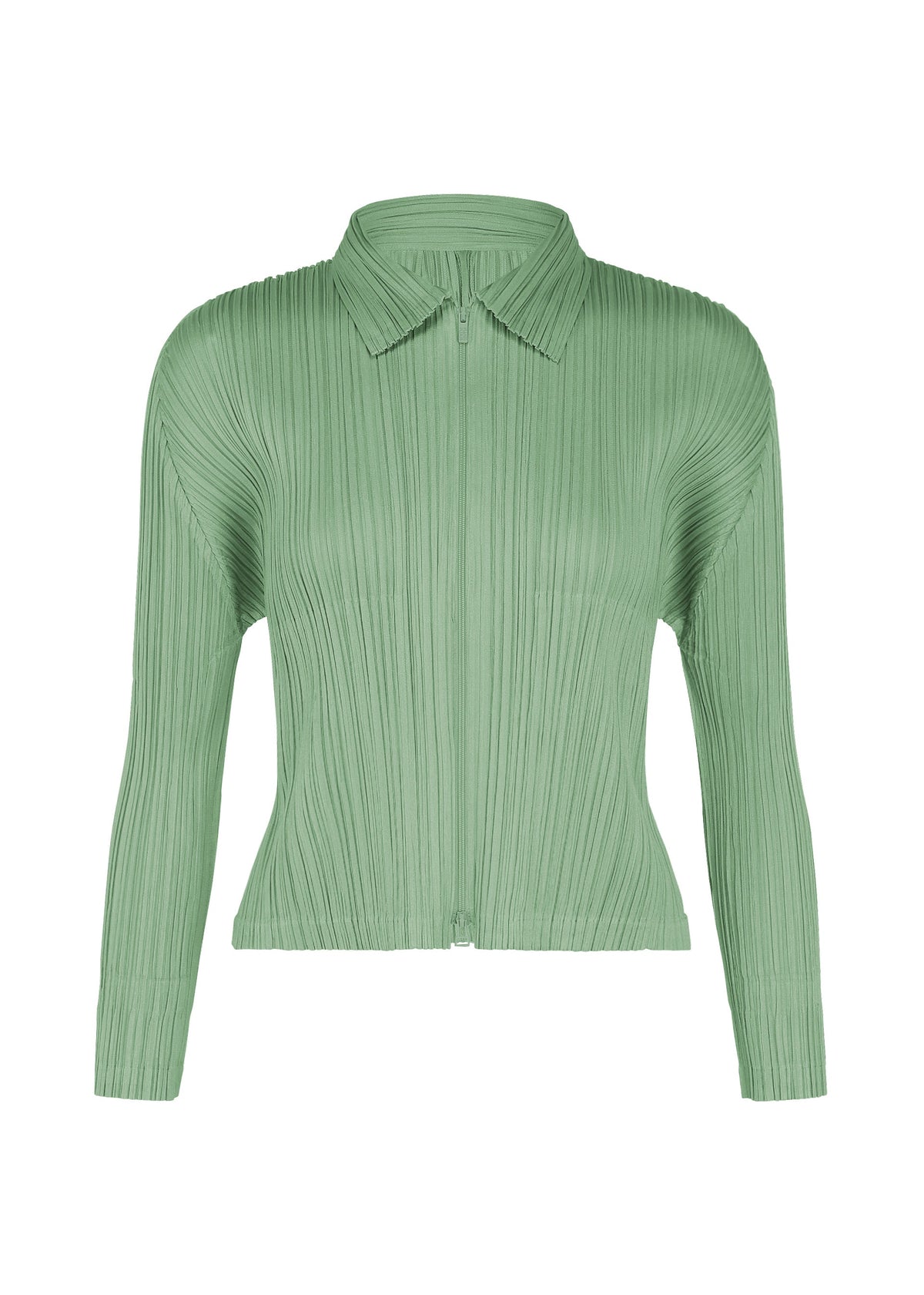 MONTHLY COLORS : AUGUST by PLEATS PLEASE ISSEY MIYAKE is a light green, long-sleeve pleated blouse with a collared, button-down front, displayed on a white background. Featuring sharp colors and a fitted silhouette with vertical textured lines, this top is perfect for sophisticated midsummer style. view 4 of 11