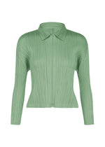 MONTHLY COLORS : AUGUST by PLEATS PLEASE ISSEY MIYAKE is a light green, long-sleeve pleated blouse with a collared, button-down front, displayed on a white background. Featuring sharp colors and a fitted silhouette with vertical textured lines, this top is perfect for sophisticated midsummer style. - GRAYISH GREEN （no.61）