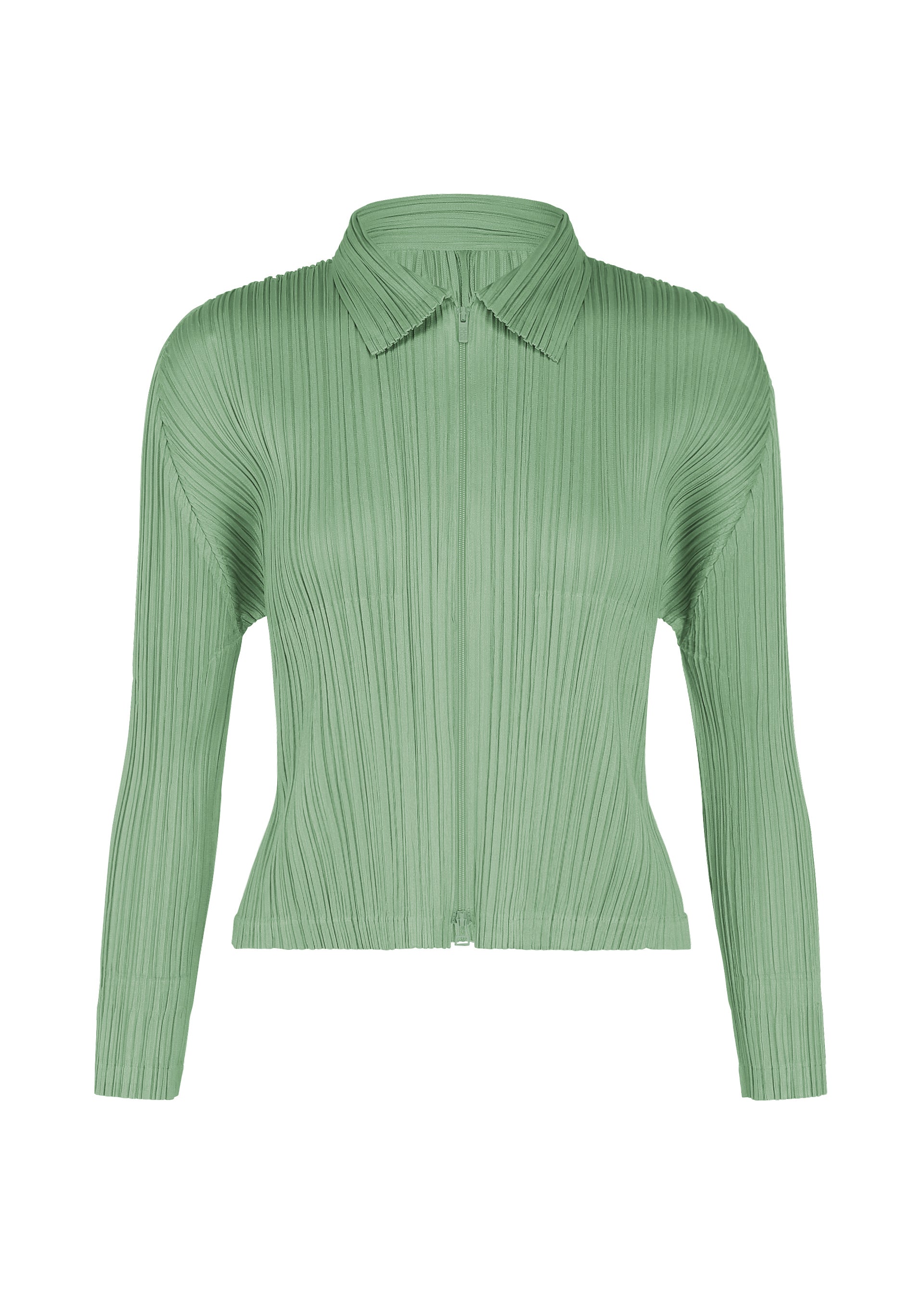 Zoomed view MONTHLY COLORS : AUGUST by PLEATS PLEASE ISSEY MIYAKE is a light green, long-sleeve pleated blouse with a collared, button-down front, displayed on a white background. Featuring sharp colors and a fitted silhouette with vertical textured lines, this top is perfect for sophisticated midsummer style. - GRAYISH GREEN （no.61）
