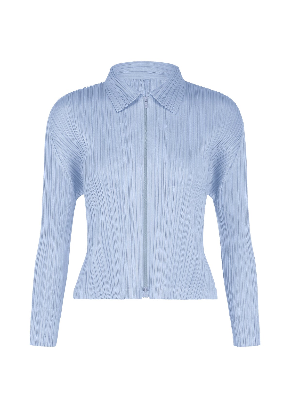 The MONTHLY COLORS : AUGUST blouse from PLEATS PLEASE ISSEY MIYAKE features light blue pleated fabric, a collared neckline, long sleeves, and a front zipper closure—set against a white backdrop, its vibrant hue makes it perfectly suited for midsummer style. view 5 of 11