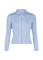 The MONTHLY COLORS : AUGUST blouse from PLEATS PLEASE ISSEY MIYAKE features light blue pleated fabric, a collared neckline, long sleeves, and a front zipper closure—set against a white backdrop, its vibrant hue makes it perfectly suited for midsummer style. - LIGHT BLUE （no.70）