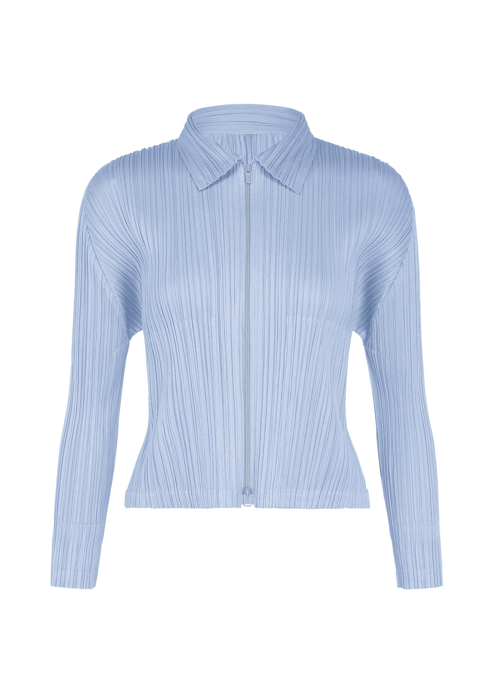 Zoomed view The MONTHLY COLORS : AUGUST blouse from PLEATS PLEASE ISSEY MIYAKE features light blue pleated fabric, a collared neckline, long sleeves, and a front zipper closure—set against a white backdrop, its vibrant hue makes it perfectly suited for midsummer style. - LIGHT BLUE （no.70）