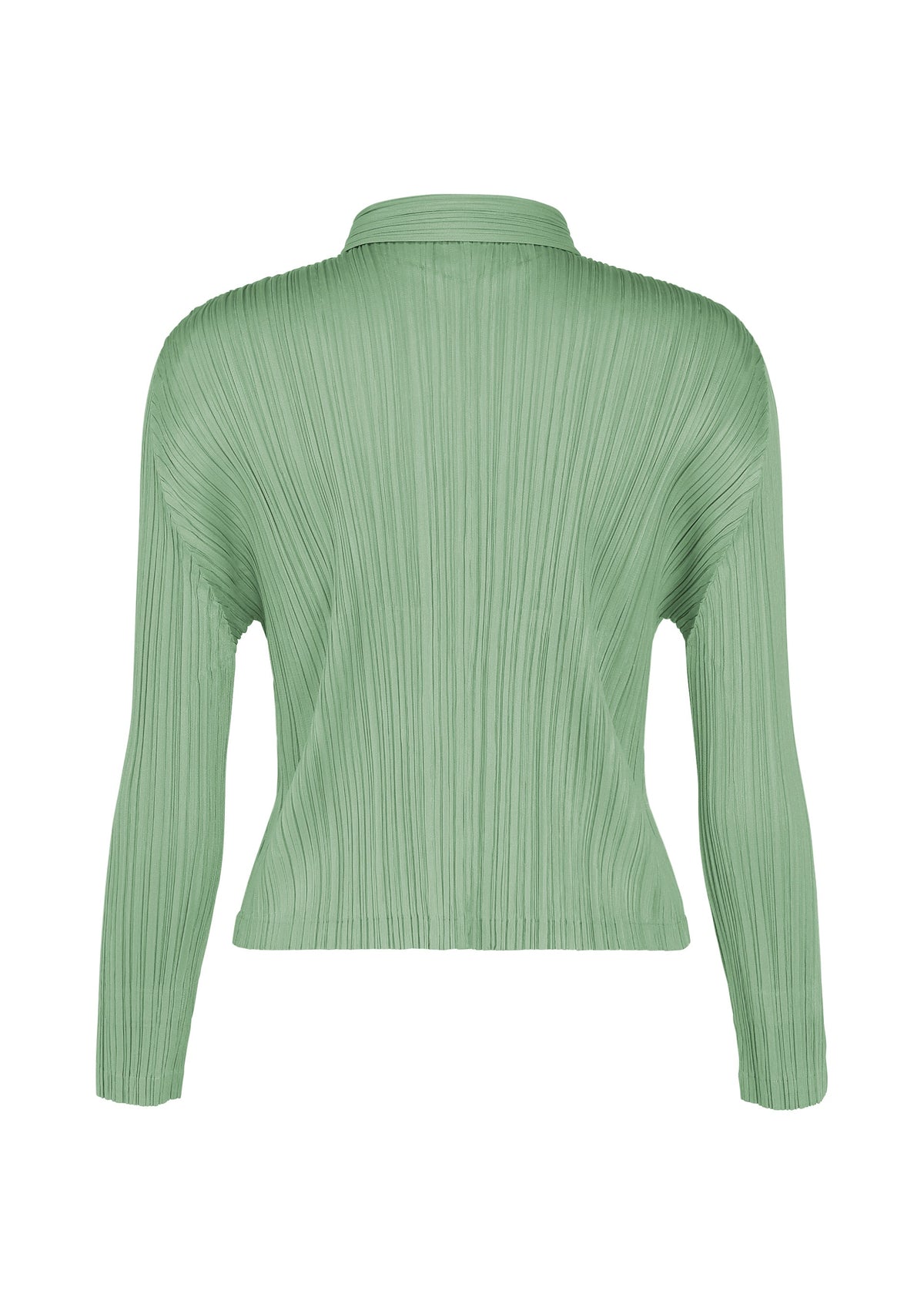 Back view of the MONTHLY COLORS : AUGUST blouse by PLEATS PLEASE ISSEY MIYAKE in light green. This long-sleeve, collared top features signature vertical pleats and a subtly fitted silhouette, ideal for midsummer days. The design is sleek with no visible buttons or fastenings. view 6 of 11