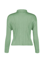 Back view of the MONTHLY COLORS : AUGUST blouse by PLEATS PLEASE ISSEY MIYAKE in light green. This long-sleeve, collared top features signature vertical pleats and a subtly fitted silhouette, ideal for midsummer days. The design is sleek with no visible buttons or fastenings.