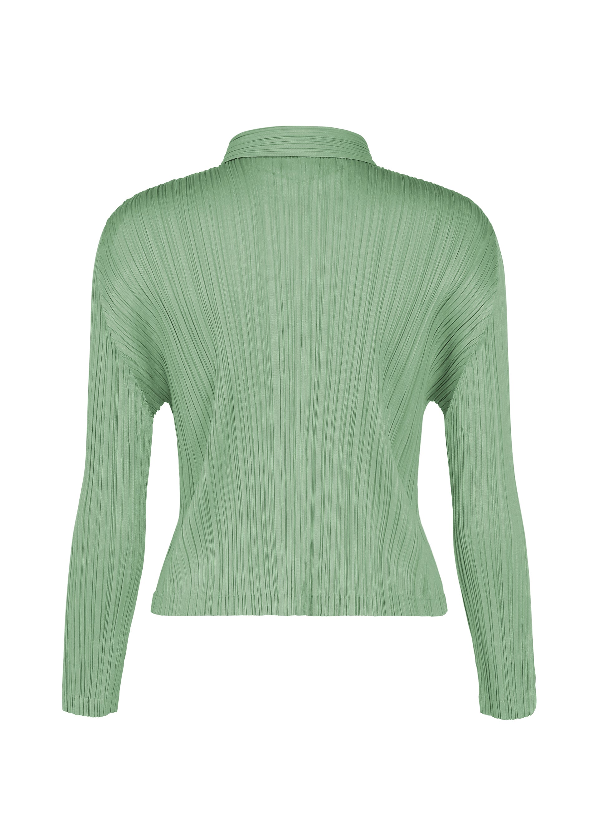 Zoomed view Back view of the MONTHLY COLORS : AUGUST blouse by PLEATS PLEASE ISSEY MIYAKE in light green. This long-sleeve, collared top features signature vertical pleats and a subtly fitted silhouette, ideal for midsummer days. The design is sleek with no visible buttons or fastenings.