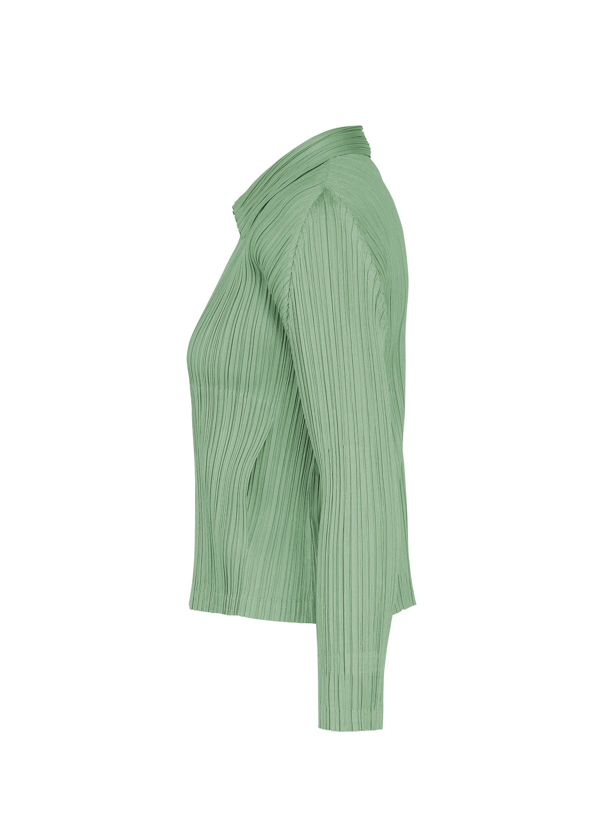 A side view of the MONTHLY COLORS : AUGUST shirt by PLEATS PLEASE ISSEY MIYAKE—a light green, long-sleeved, ribbed collared top evocative of vivid midsummer tones—displayed on a plain white background. view 7 of 11