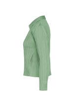 A side view of the MONTHLY COLORS : AUGUST shirt by PLEATS PLEASE ISSEY MIYAKE—a light green, long-sleeved, ribbed collared top evocative of vivid midsummer tones—displayed on a plain white background.