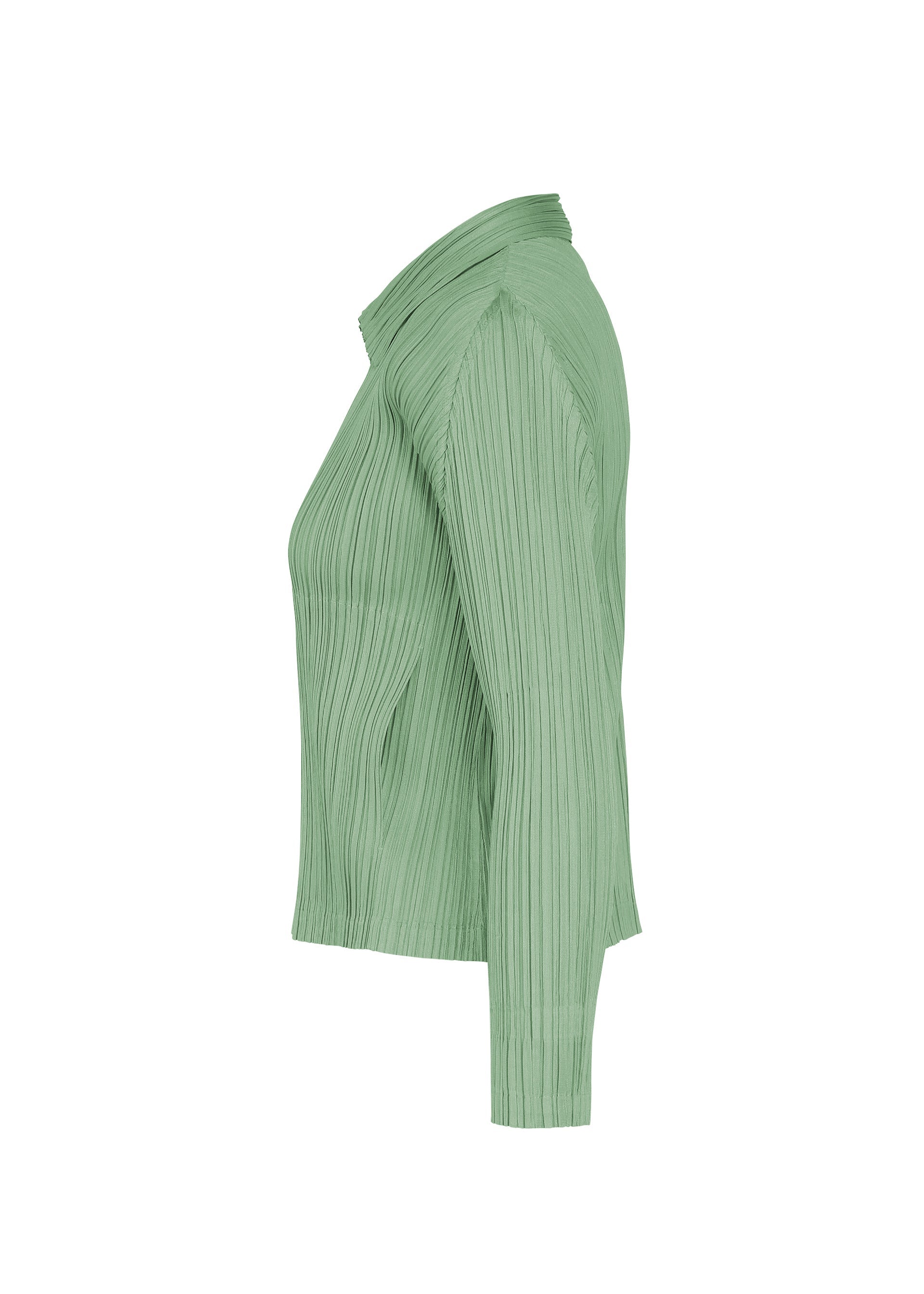 Zoomed view A side view of the MONTHLY COLORS : AUGUST shirt by PLEATS PLEASE ISSEY MIYAKE—a light green, long-sleeved, ribbed collared top evocative of vivid midsummer tones—displayed on a plain white background.