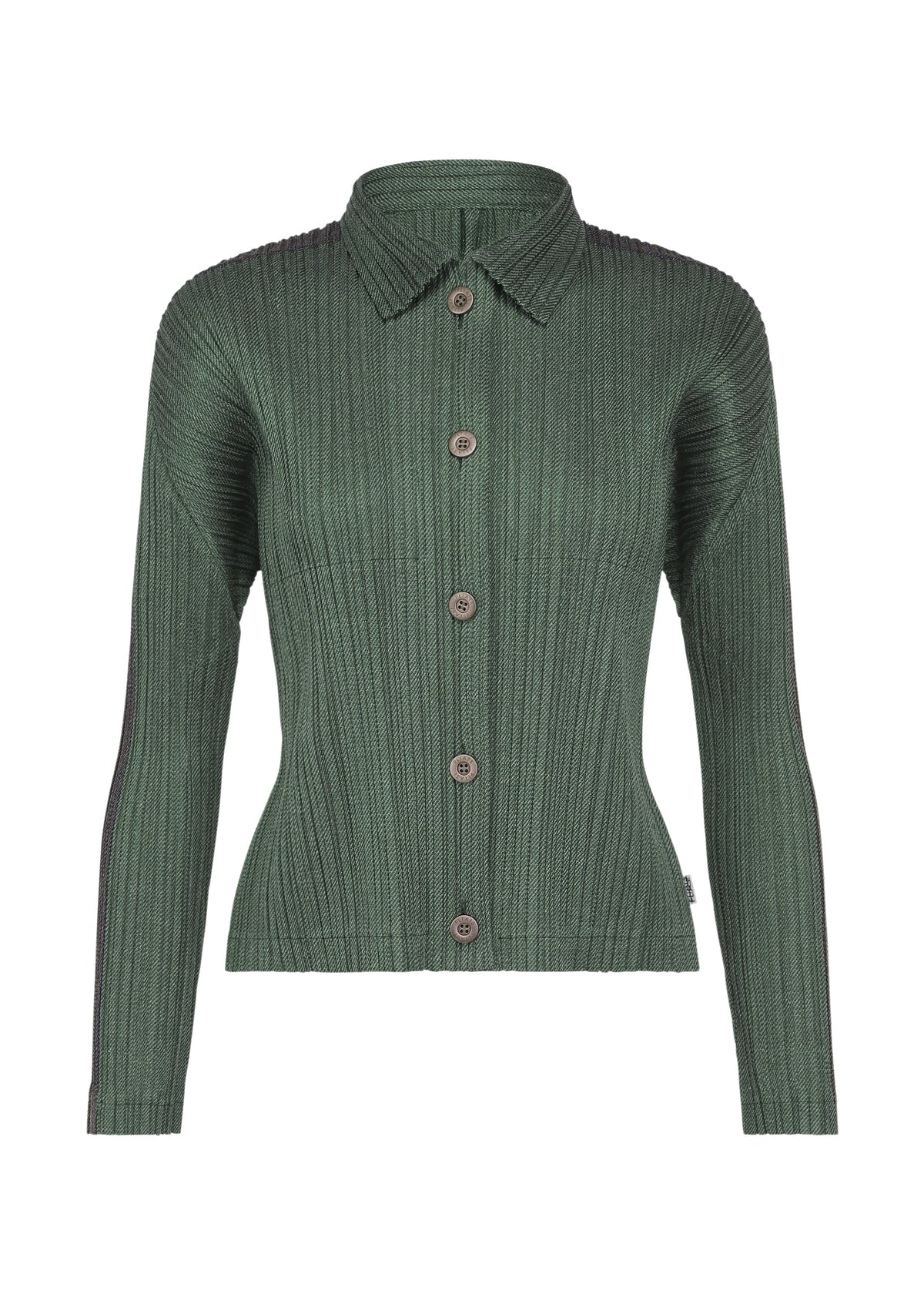 Zoomed view The COTTON DENIM by PLEATS PLEASE ISSEY MIYAKE is a ribbed, long-sleeve forest green cotton cardigan with a collar and front buttons, shown on a plain white background. - DARK GREEN （no.69）