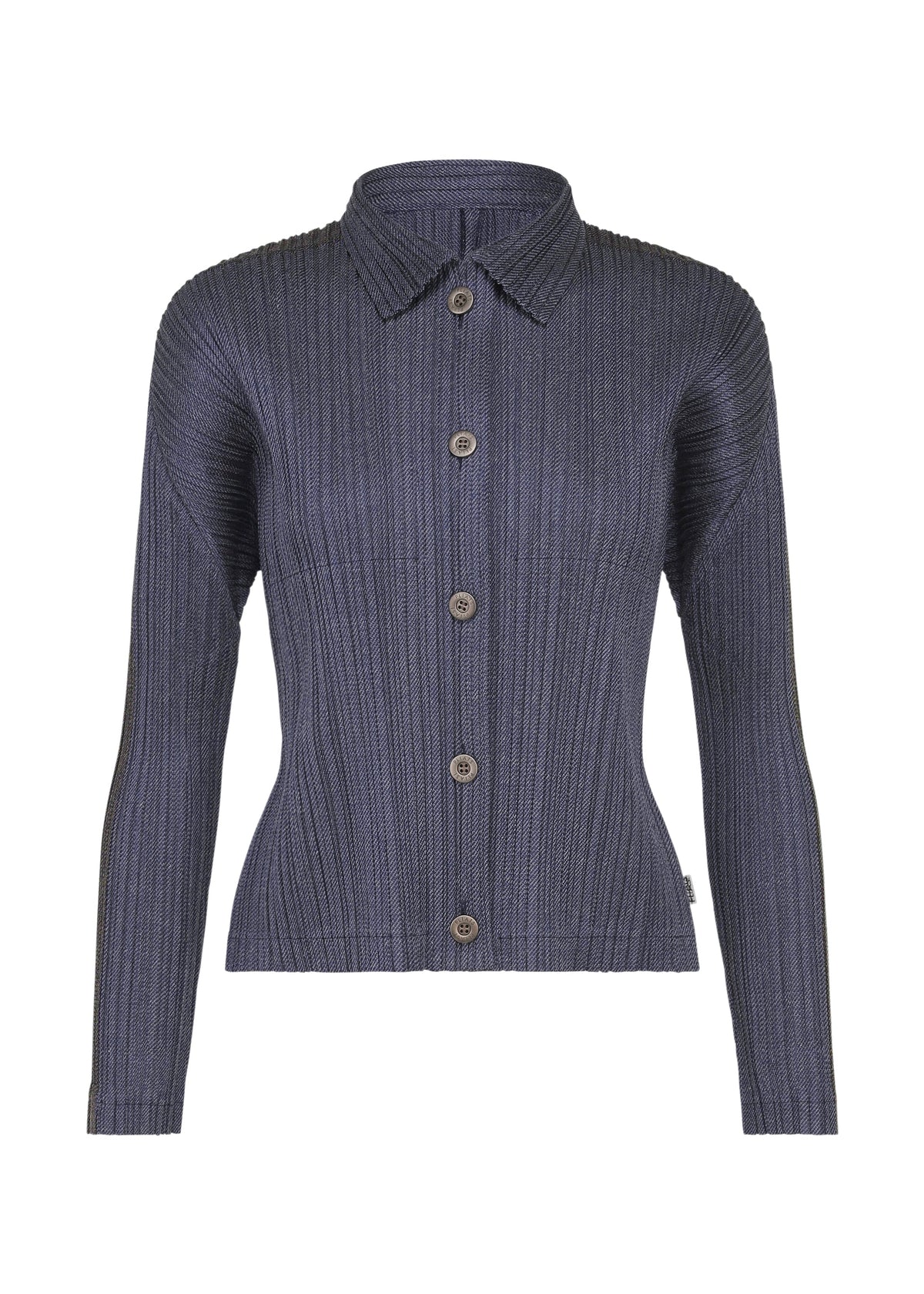 The COTTON DENIM by PLEATS PLEASE ISSEY MIYAKE is a long-sleeved, ribbed, dark gray cotton button-up cardigan with a collar, shown on a white background. view 2 of 8