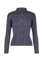 The COTTON DENIM by PLEATS PLEASE ISSEY MIYAKE is a long-sleeved, ribbed, dark gray cotton button-up cardigan with a collar, shown on a white background. - NAVY BLUE （no.76）