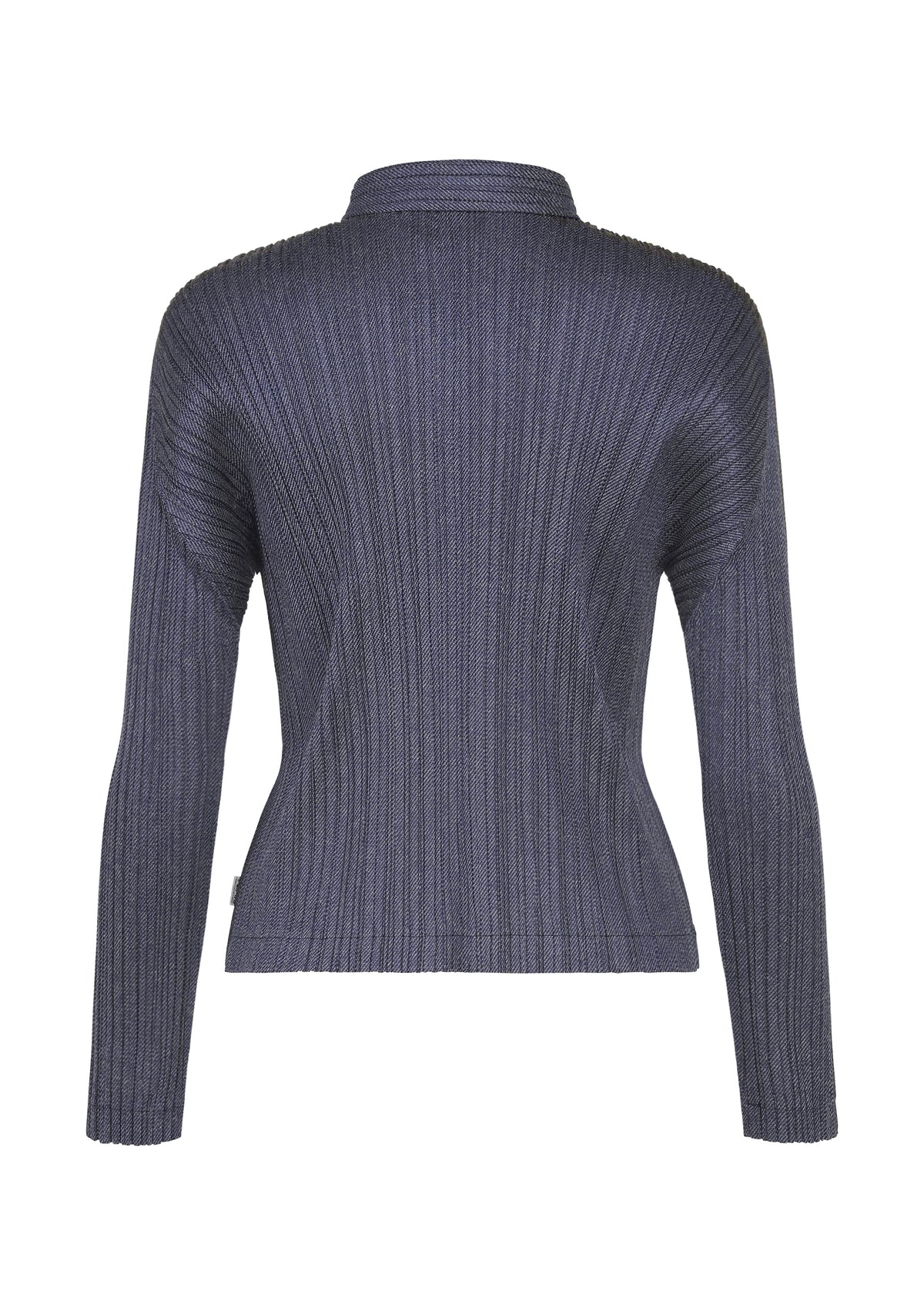 A back view of the COTTON DENIM long-sleeve ribbed sweater in dark gray by PLEATS PLEASE ISSEY MIYAKE, featuring a high neckline in soft cotton, shown on a white background. view 3 of 8