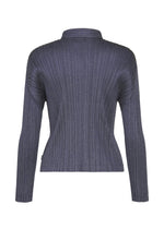 A back view of the COTTON DENIM long-sleeve ribbed sweater in dark gray by PLEATS PLEASE ISSEY MIYAKE, featuring a high neckline in soft cotton, shown on a white background.