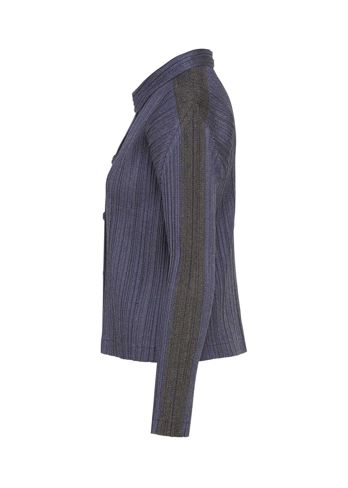 Side view of the COTTON DENIM jacket by PLEATS PLEASE ISSEY MIYAKE in blue with a textured, denim-like finish and a dark stripe from shoulder to wrist, shown against a white background. view 4 of 8