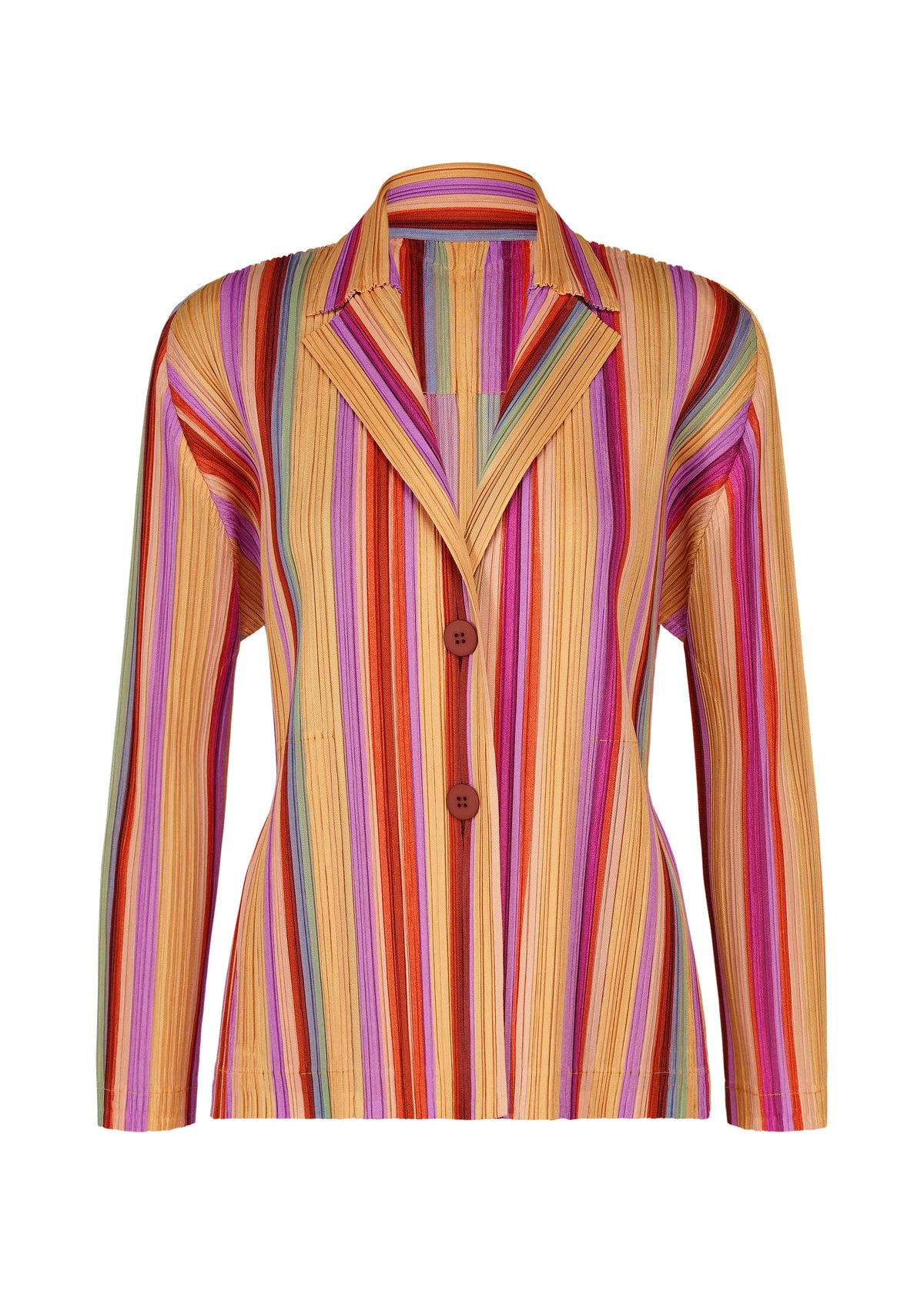 Introducing the TAPE TAPE jacket by PLEATS PLEASE ISSEY MIYAKE: This long-sleeve, collared piece features bold vertical stripes in yellow, red, orange, and purple. Designed with a notched collar and two prominent front buttons, it’s crafted from signature pleated fabric—bringing a dynamic texture and vibrant dimension to your wardrobe. view 1 of 7