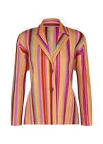 Introducing the TAPE TAPE jacket by PLEATS PLEASE ISSEY MIYAKE: This long-sleeve, collared piece features bold vertical stripes in yellow, red, orange, and purple. Designed with a notched collar and two prominent front buttons, it’s crafted from signature pleated fabric—bringing a dynamic texture and vibrant dimension to your wardrobe. - ORANGE （no.32）