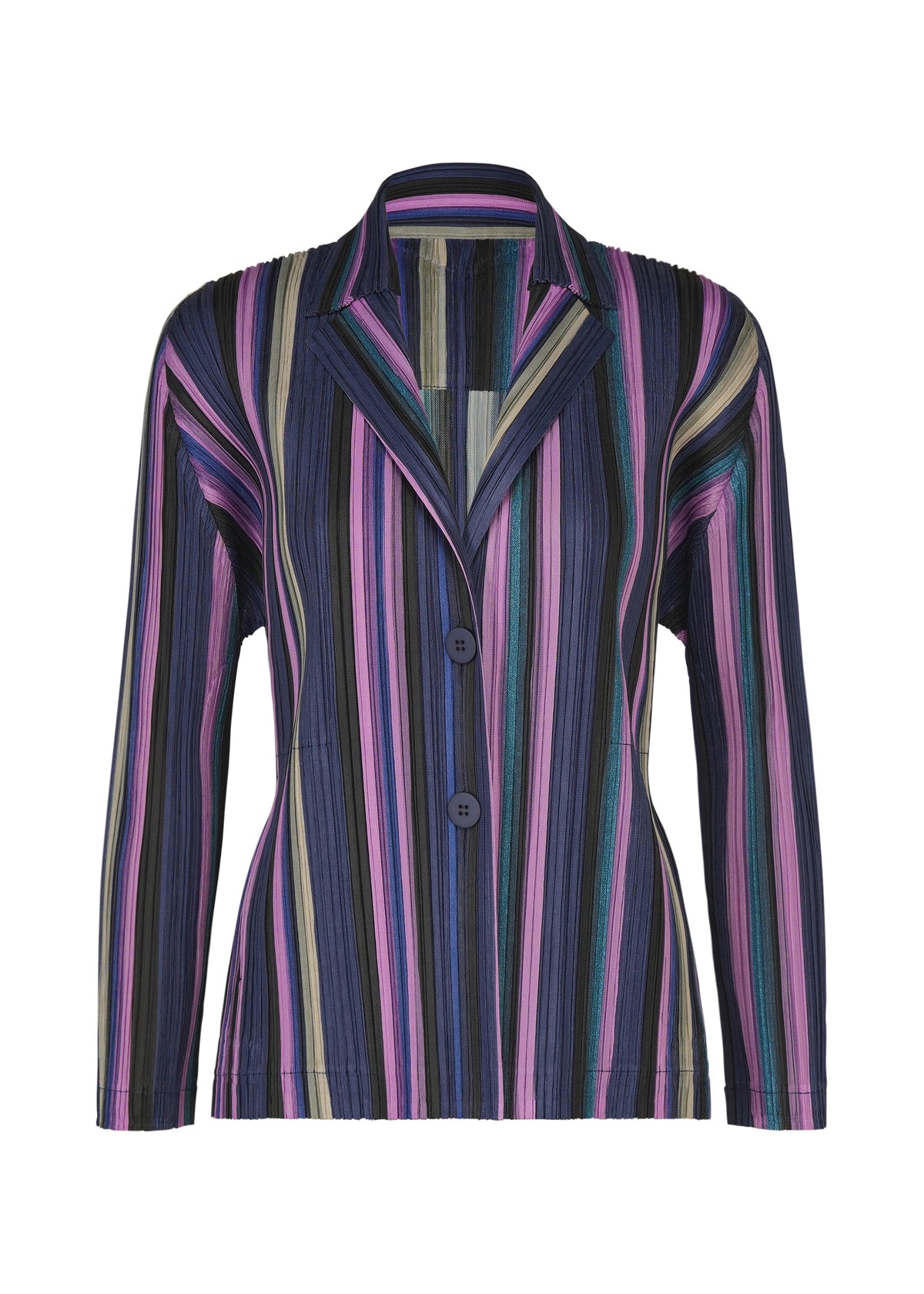 Introducing TAPE TAPE by PLEATS PLEASE ISSEY MIYAKE, a women’s collared blazer with long sleeves and striking vertical stripes in shades of purple, blue, pink, yellow, and black. This stylish jacket showcases a notched lapel and two front buttons—perfect for completing any two-piece ensemble. view 2 of 7