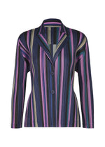 Introducing TAPE TAPE by PLEATS PLEASE ISSEY MIYAKE, a women’s collared blazer with long sleeves and striking vertical stripes in shades of purple, blue, pink, yellow, and black. This stylish jacket showcases a notched lapel and two front buttons—perfect for completing any two-piece ensemble. - PURPLE （no.81）