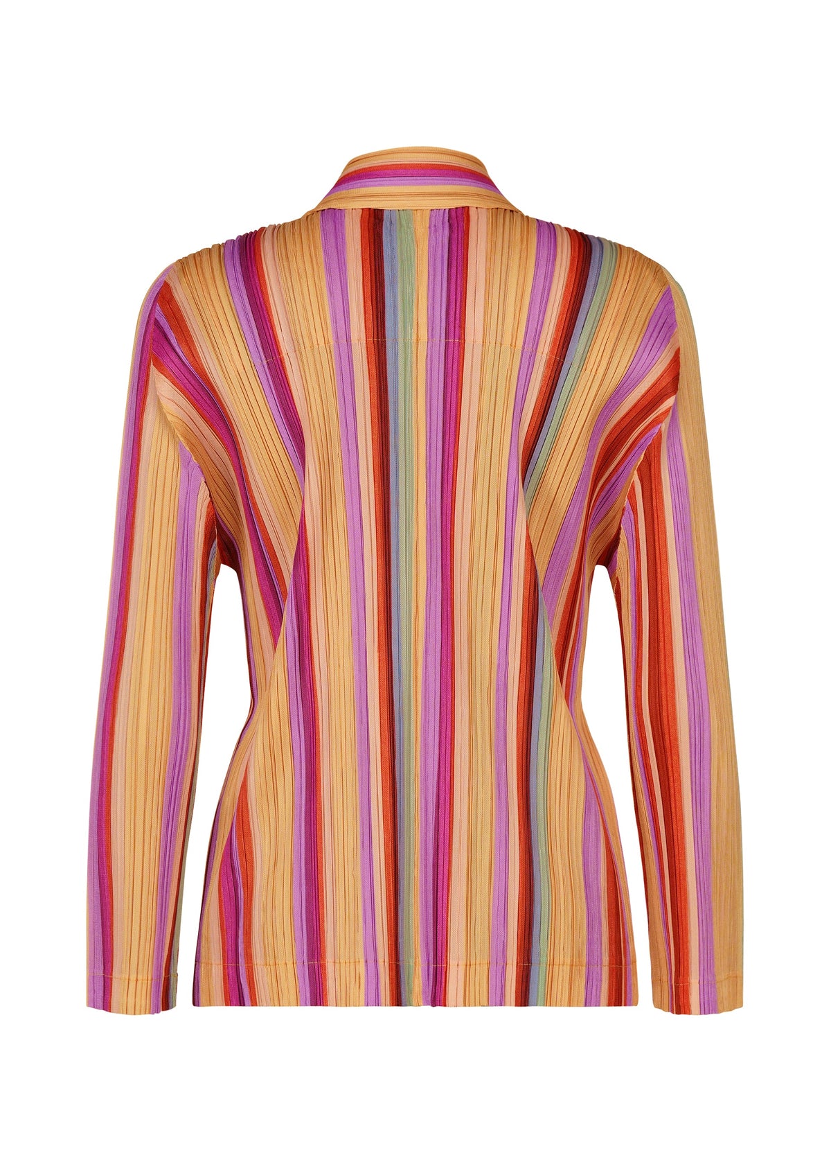 Back view of the TAPE TAPE long-sleeve shirt by PLEATS PLEASE ISSEY MIYAKE, crafted from pleated fabric with a distinctive texture and vertical multi-colored stripes in vibrant shades of orange, pink, purple, red, yellow, and blue. view 3 of 7